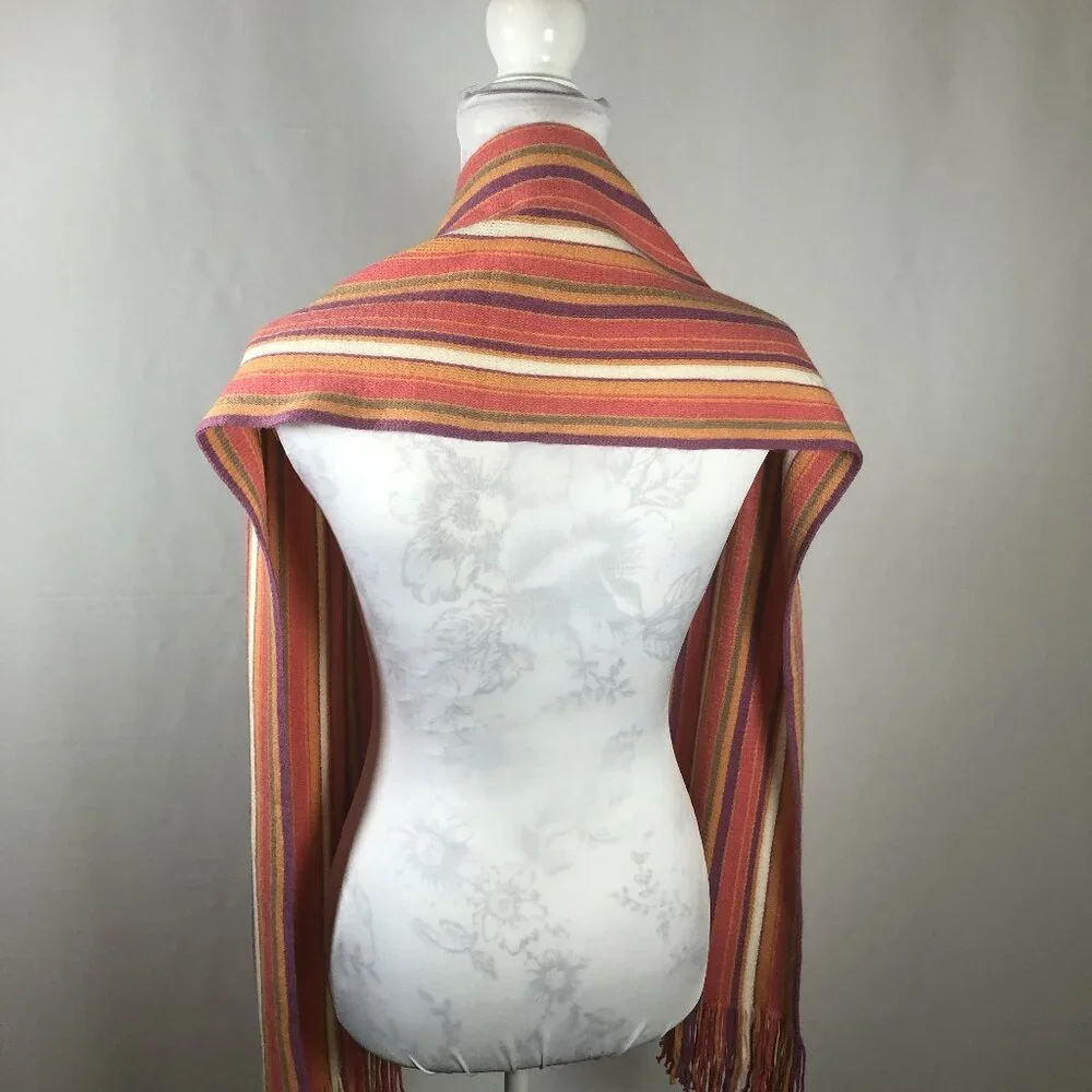 🌈 Vintage-Inspired Striped Fringe Scarf – Warm Autumn Tones – Oversized Wrap